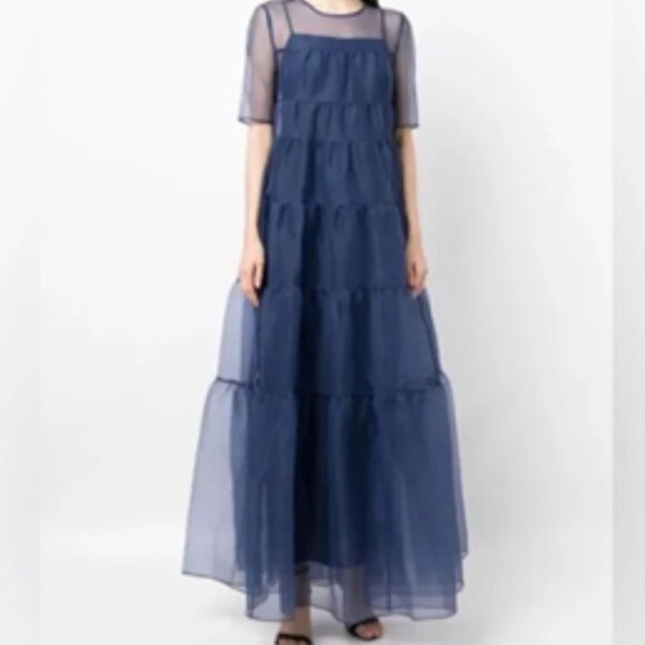 Staud Hyacinth Tiered Organza Overlay Maxi A-Line Dress in Navy Blue NWT - Picture 5 of 8